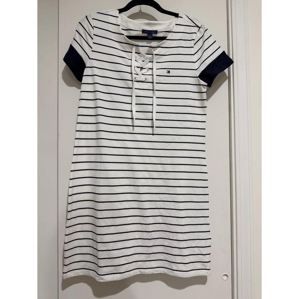 Tommy Hilfiger White and Navy Striped Lace-Up T-Shirt Dress Size M
